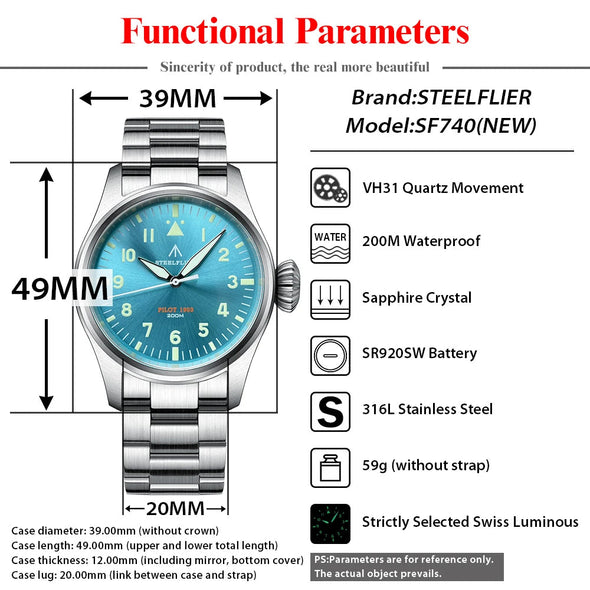 Steelflier 39mm VH31 Quartz Pilot Watch SF740